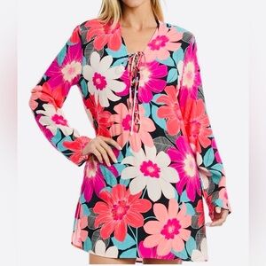La Blanca Floral Tunic Swim Cover Up M Lace Up Resortwear NWT Pink Beach NEW